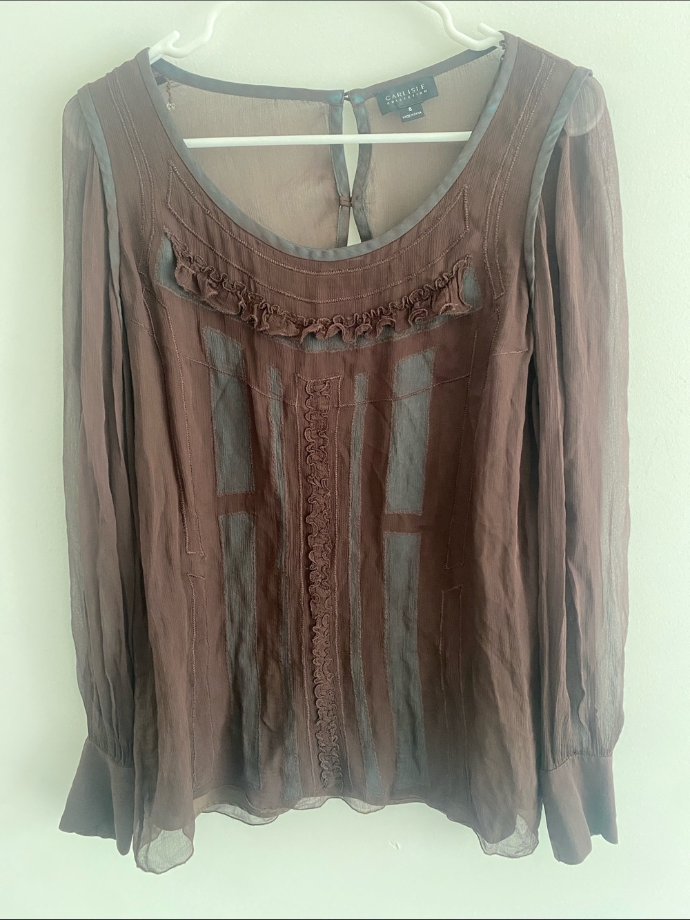 Carlisle Vtg Sheer Whimsigoth Top w Ruffles w Silk Cami Chocolate Brown Blue 8